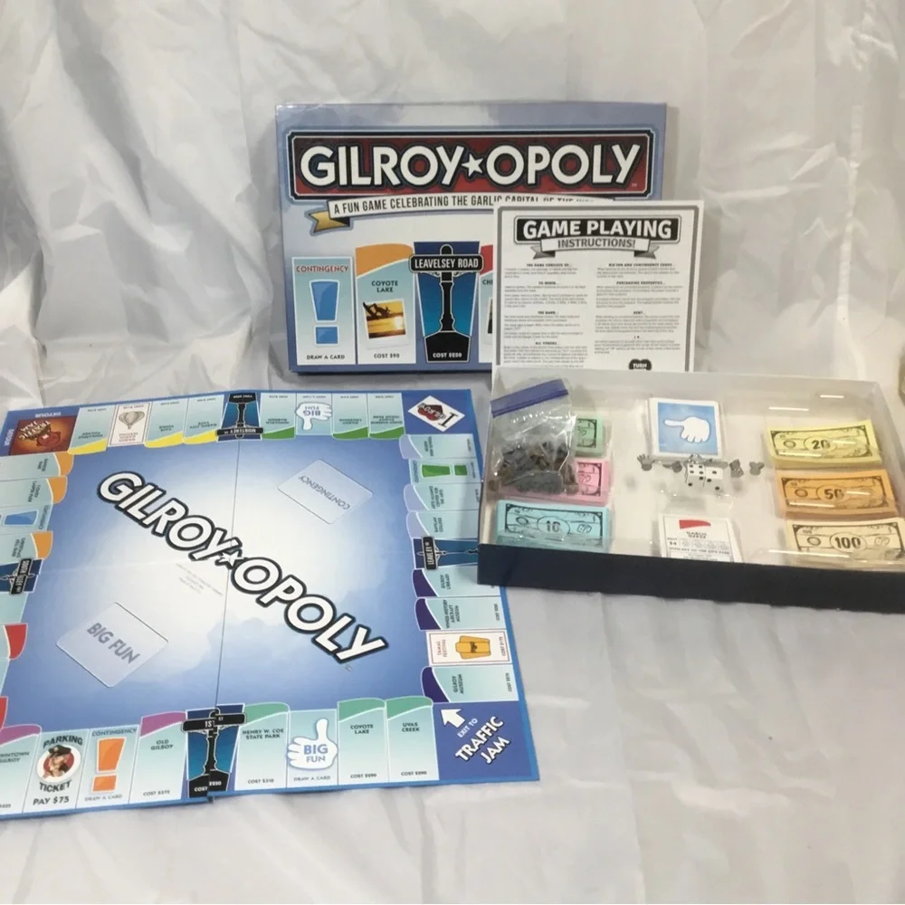 GILROY-OPOLY Board Game Monopoly COMPLETE Garlic Capital Late For The Sky EUC
